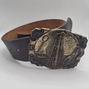 Spindletop Lucas Gusher Texas Oil Brass Belt Buckle Lg Brown Leather Steerhide